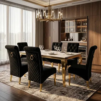 Luvon Emma Cream Marble Dining Table with Golden Frame & Black Velvet Ring Knocker Chairs
