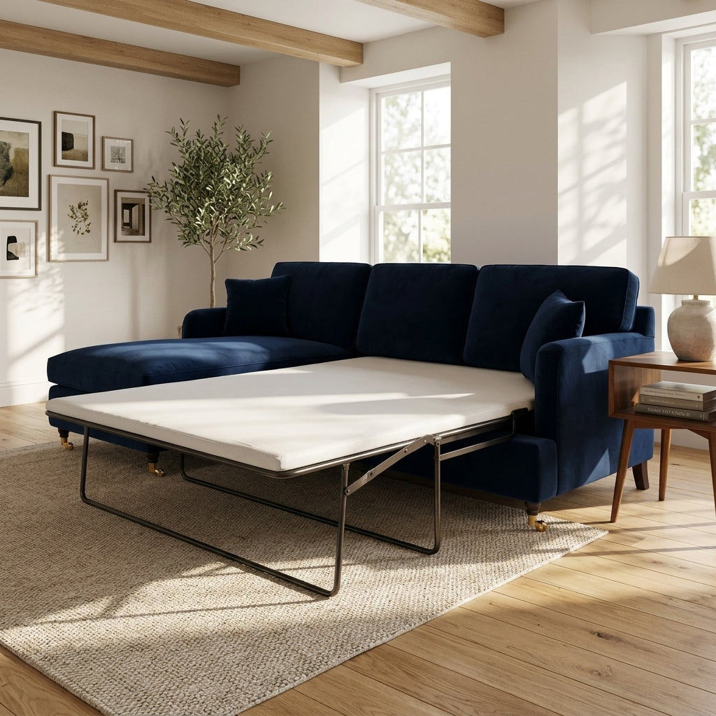 4 Seater Navy Blue Velvet Corner Sofa Bed