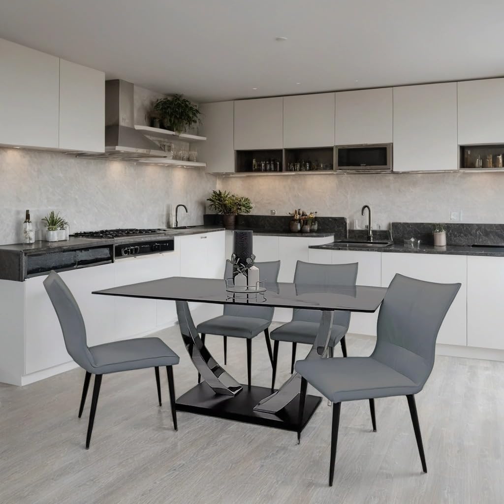 1.6m Dining Table and Chairs Set for 4 – Chrome Sintered Stone Table with 4 Flora Ruched Dining Chairs in Grey or Tan