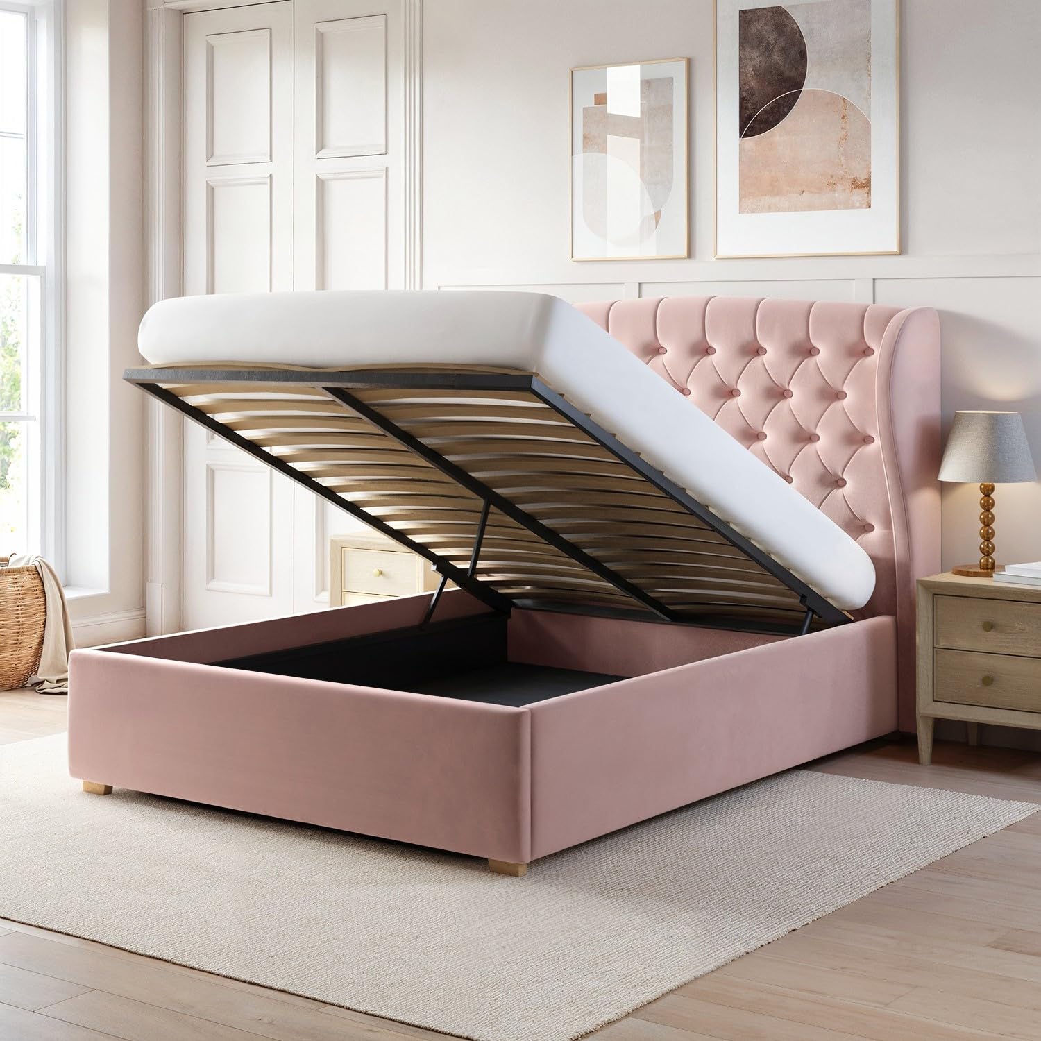 Safina Winged Ottoman Bed with Storage and Buttoned Headboard in Velvet or Fabric Mattress Option Available