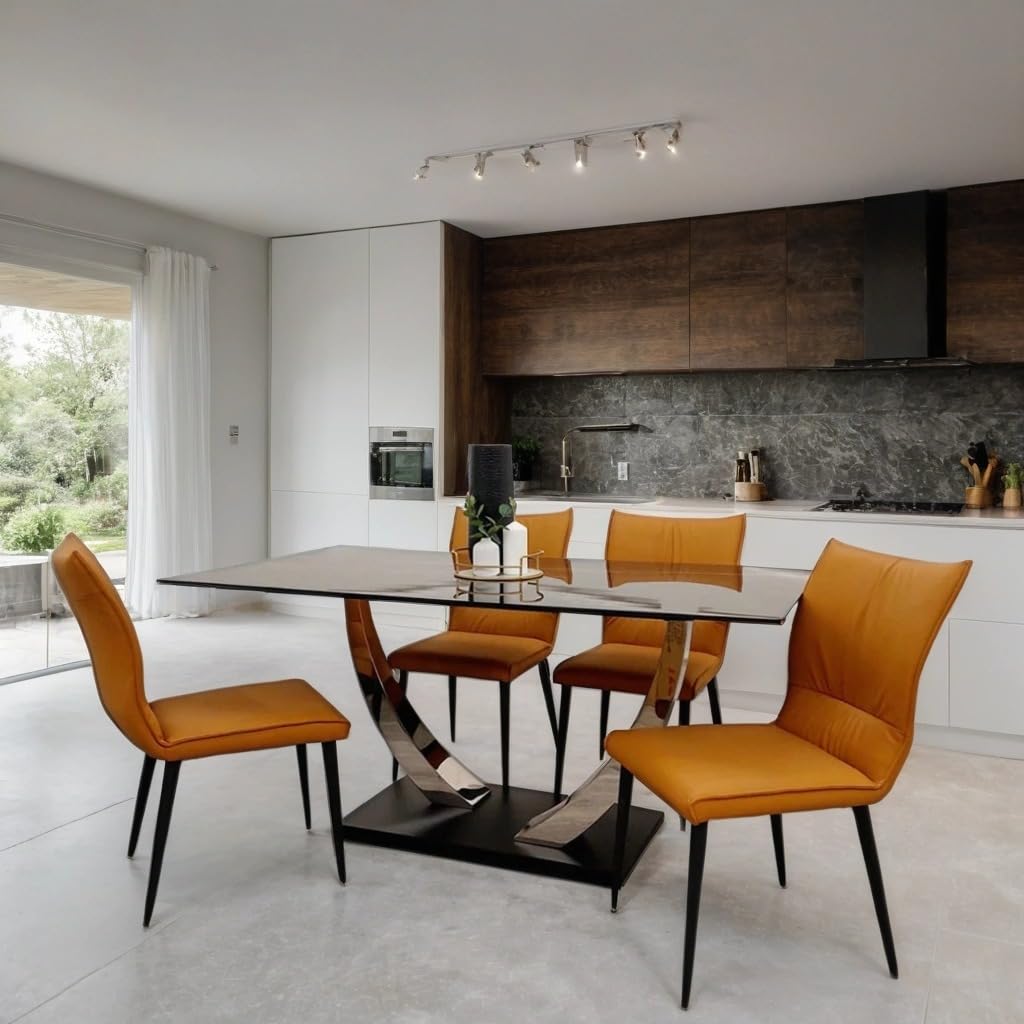 1.6m Dining Table and Chairs Set for 4 – Chrome Sintered Stone Table with 4 Flora Ruched Dining Chairs in Grey or Tan