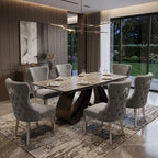 Luvon Cheshire Extending Ceramic Dining Table Set with 6 Grey Velvet Lion Head Knocker Chairs and Silver Chrome Legs