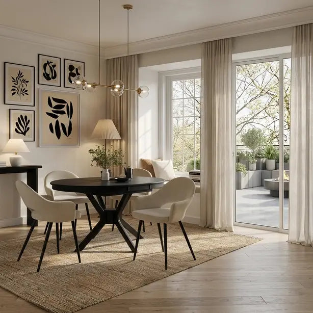 Black Extendable Dining Set with 4–6 Beige Chairs
