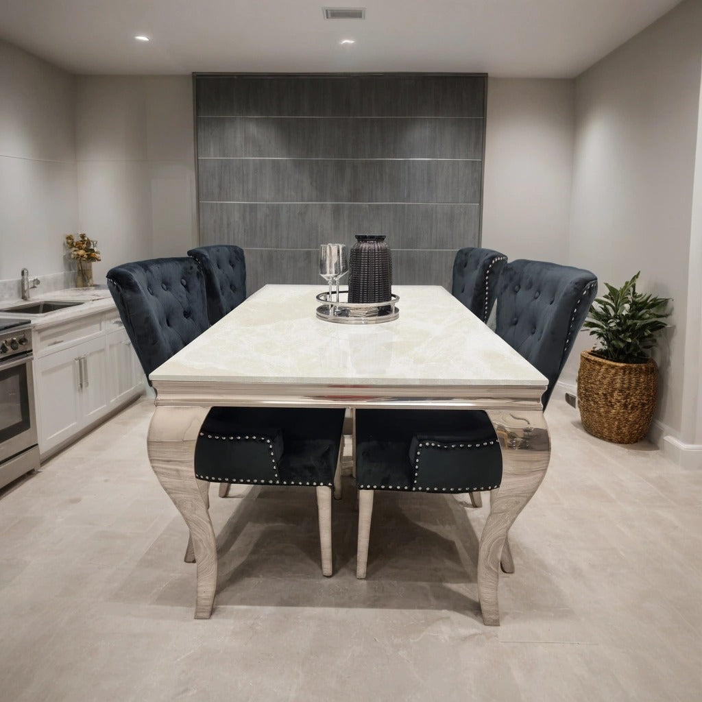 Louis Marble Dining Table – Modern Rectangular & Round Dining Room Table with Stainless Steel Base – Luxury Marble Top Dining Table for 4–6 People