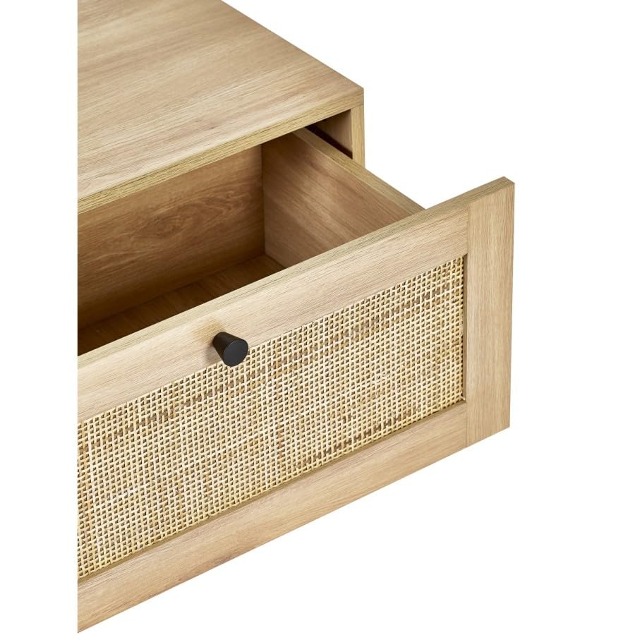 Rectangular Oak Coffee Table with Rattan Drawers – Rustic Wood Effect with Storage and Black Metal Legs