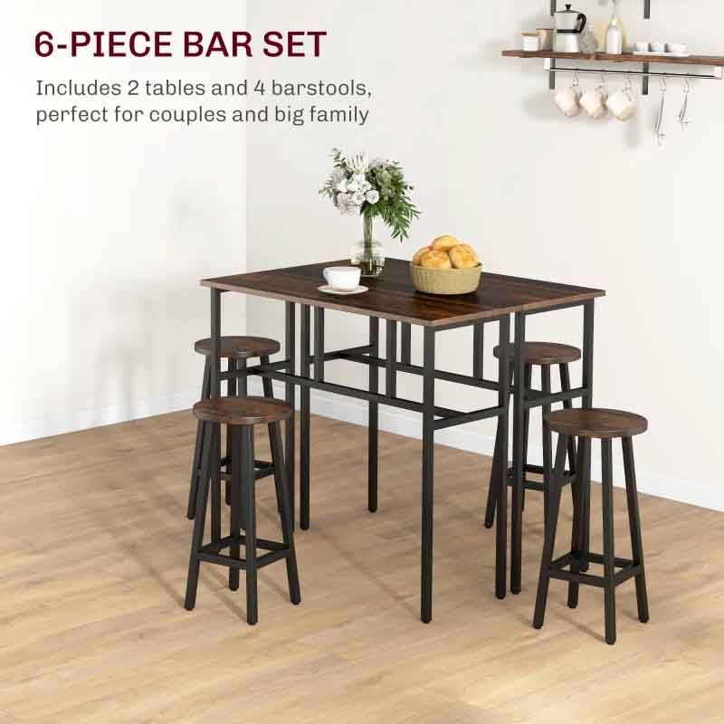 6-piece bar set with two tables and four bar stools on a wooden floor.