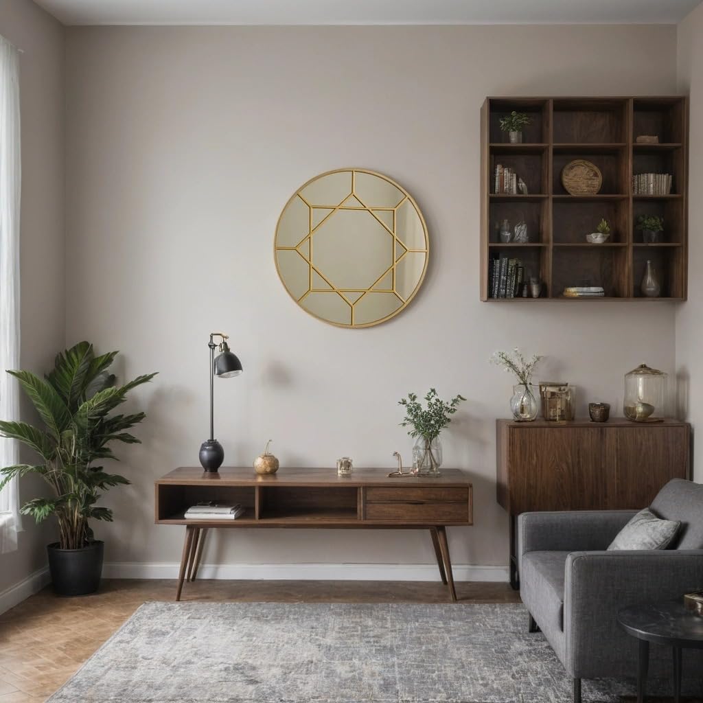 Geometric Gold Round Mirror 80 cm – Modern Metal Frame Circular Wall Décor for Living Room, Bedroom, or Hallway – Luxury Statement Piece with Clear Reflective Glass