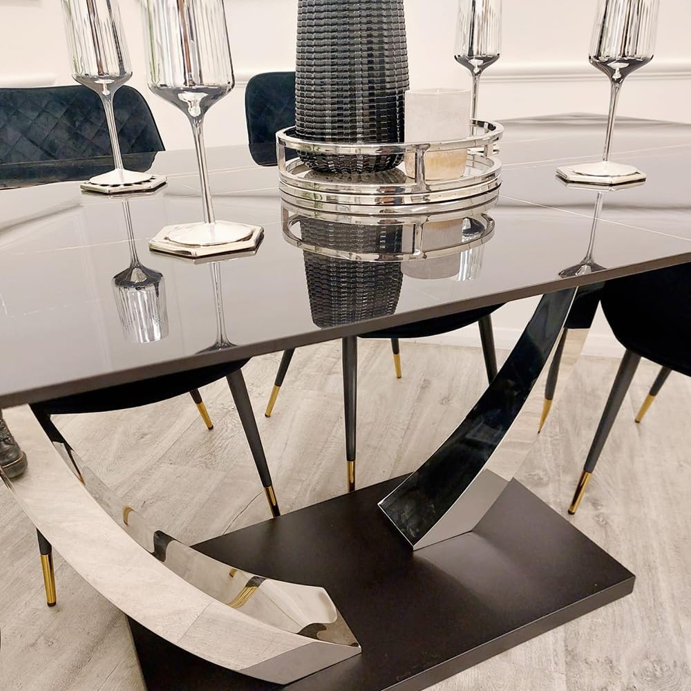 Luvon 1.6m Dining Table Set: Marble-Top & Velvet Chairs | Black Sintered Stone, Chrome Base | Elegant Dining Room Set