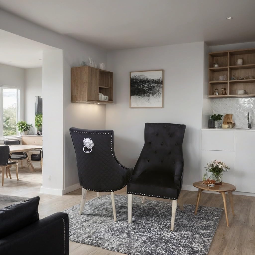 Bentley Velvet Dining Chair set of two with Chrome Lion Knocker – Quilted Back Upholstered Dining Room Chair with Studded Detailing & Chrome Legs (Black)