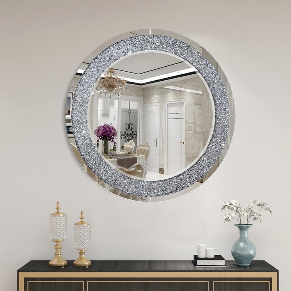 Round Decorative Mirror 80cm Wall Mirror with Crushed Glass Border Modern Circular Accent for Living Room, Bedroom & Hallway