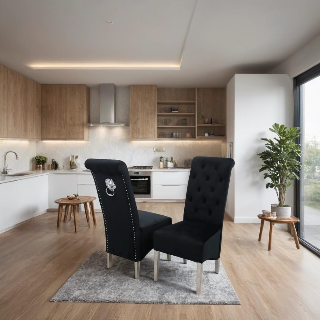 Emma Velvet Dining Chair Set of 2 with Chrome Lion Knocker – Buttoned Scroll Top Upholstered Dining Chairs for Dining Room – Luxury Quilted Back Velvet Chairs with Chrome Legs