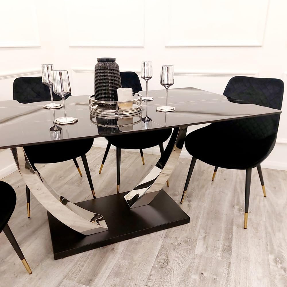 Luvon 1.6m Dining Table Set: Marble-Top & Velvet Chairs | Black Sintered Stone, Chrome Base | Elegant Dining Room Set