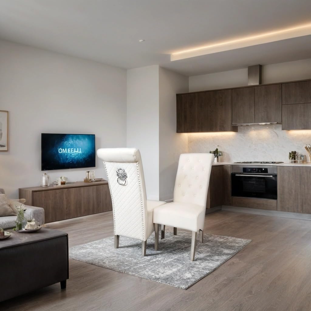 Emma Velvet Dining Chair Set of 2 with Chrome Lion Knocker – Buttoned Scroll Top Upholstered Dining Chairs for Dining Room – Luxury Quilted Back Velvet Chairs with Chrome Legs