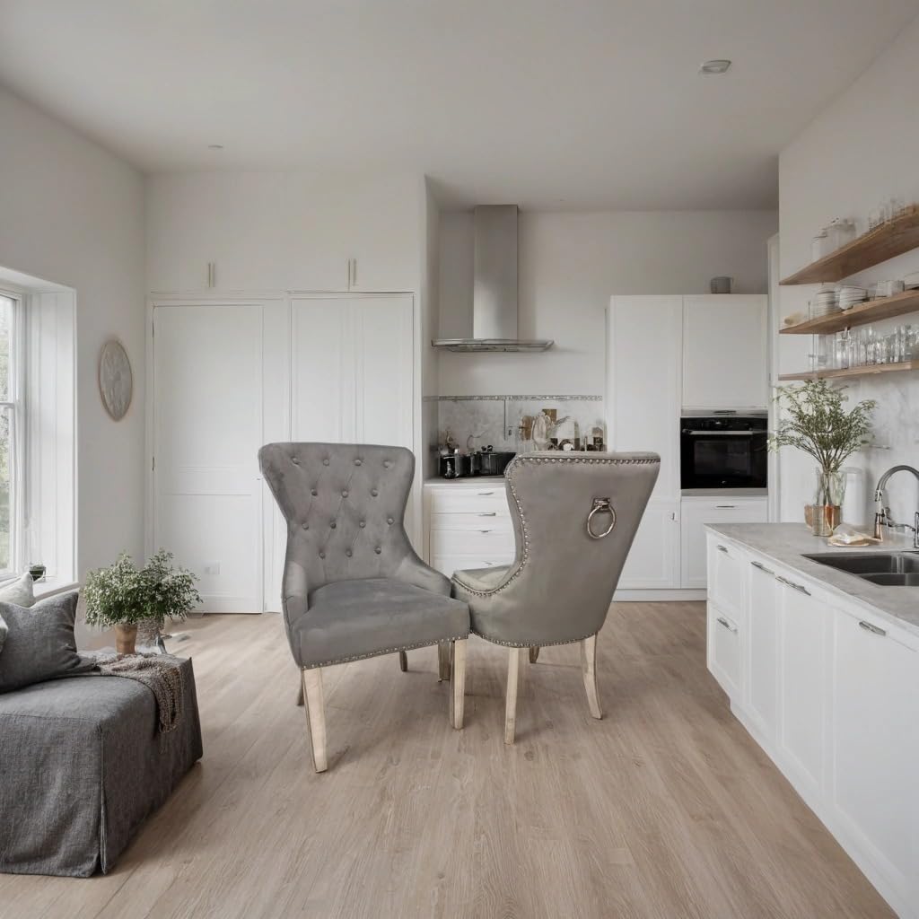 Megan Velvet Dining Chairs Set of 2 – Deep Buttoned Back with Chrome Ring Knocker – Upholstered Dining Room Chairs