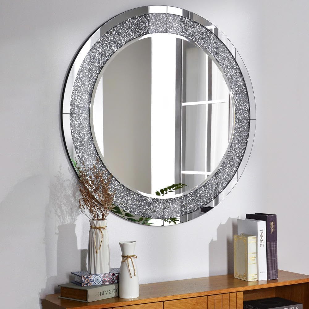 Round Decorative Mirror 80cm Wall Mirror with Crushed Glass Border Modern Circular Accent for Living Room, Bedroom & Hallway