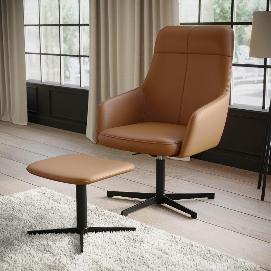 Luvon Mila Executive Swivel Reclining Office Chair – Faux Leather Accent Chair with Footstool – Tilt & 360° Rotation – Tan with Metal Base