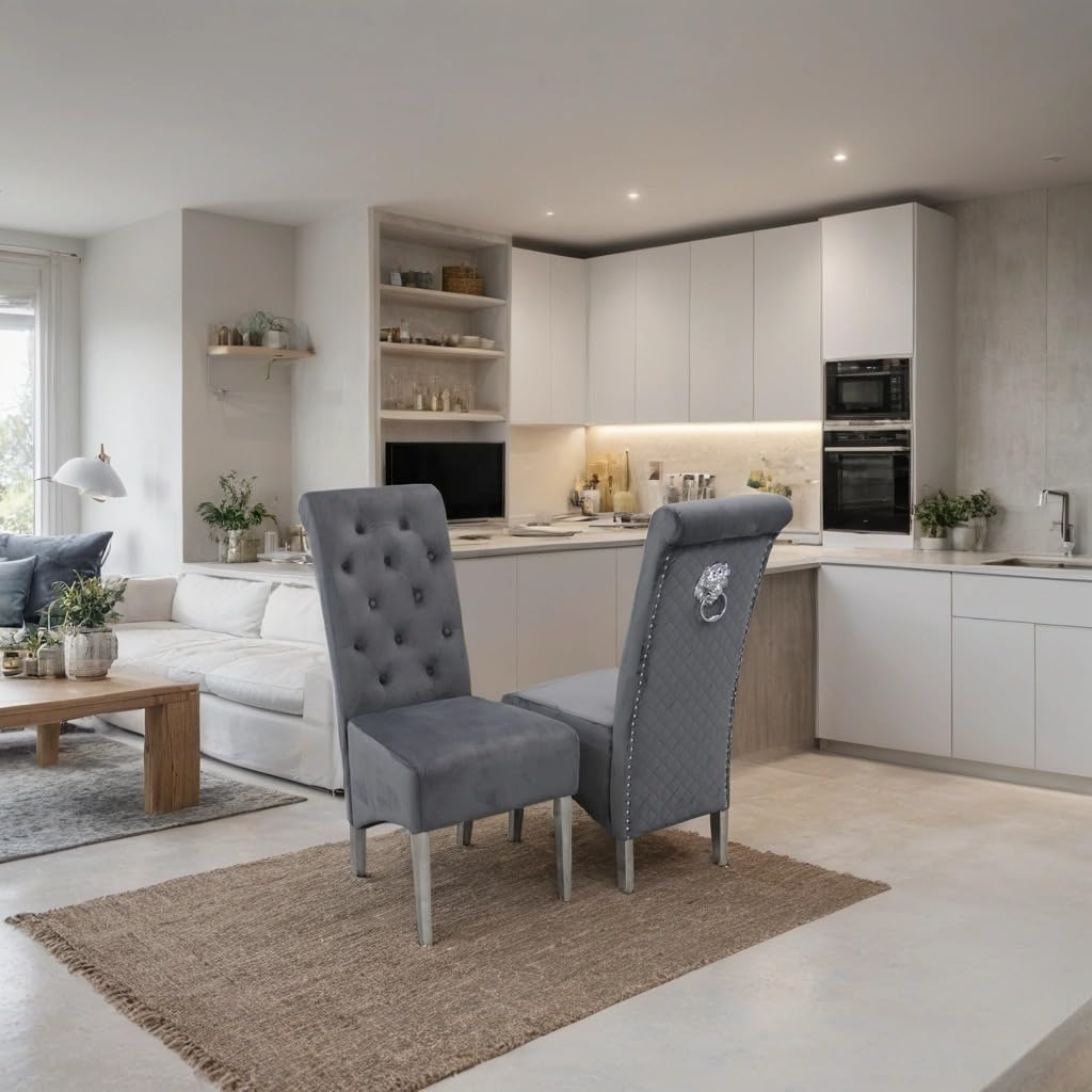 Emma Velvet Dining Chair Set of 2 with Chrome Lion Knocker – Buttoned Scroll Top Upholstered Dining Chairs for Dining Room – Luxury Quilted Back Velvet Chairs with Chrome Legs