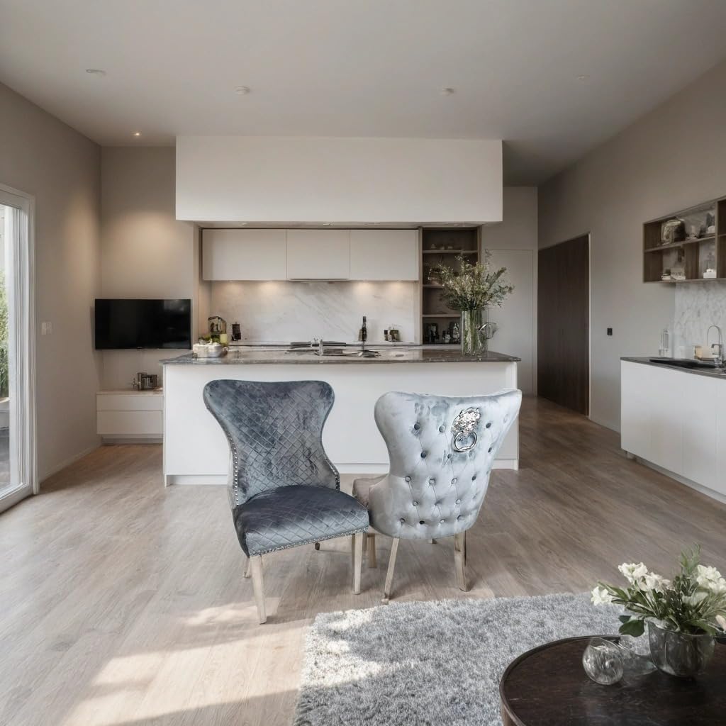 Chelsea Dining Chair Set of 2 Grey Velvet with Chrome Lion Knocker – Buttoned Back Upholstered Dining Chairs for Dining Room – Luxury Velvet Chairs with Chrome Legs