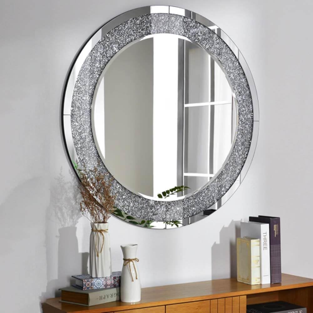 Round Decorative Mirror 80cm Wall Mirror with Crushed Glass Border Modern Circular Accent for Living Room, Bedroom & Hallway