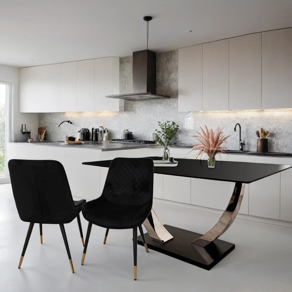 Luvon 1.6m Dining Table Set: Marble-Top & Velvet Chairs | Black Sintered Stone, Chrome Base | Elegant Dining Room Set