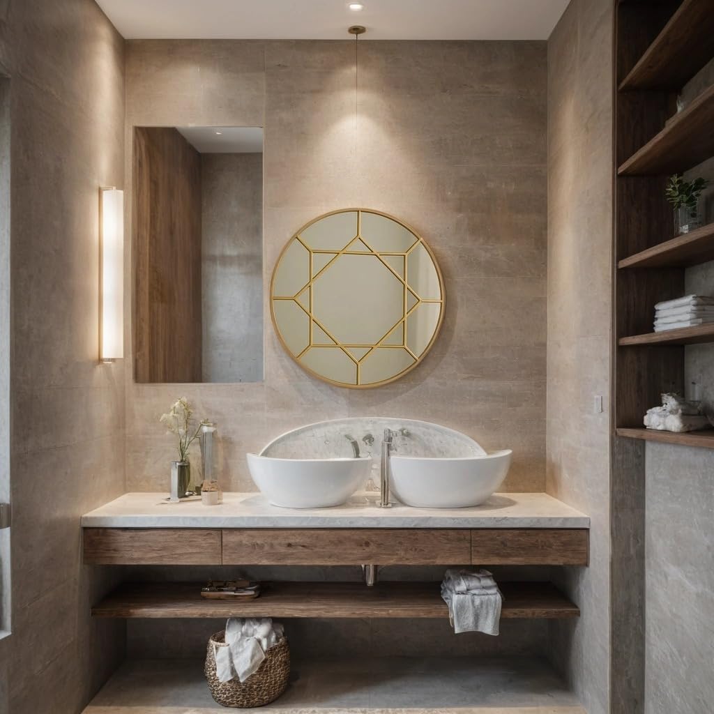 Geometric Gold Round Mirror 80 cm – Modern Metal Frame Circular Wall Décor for Living Room, Bedroom, or Hallway – Luxury Statement Piece with Clear Reflective Glass