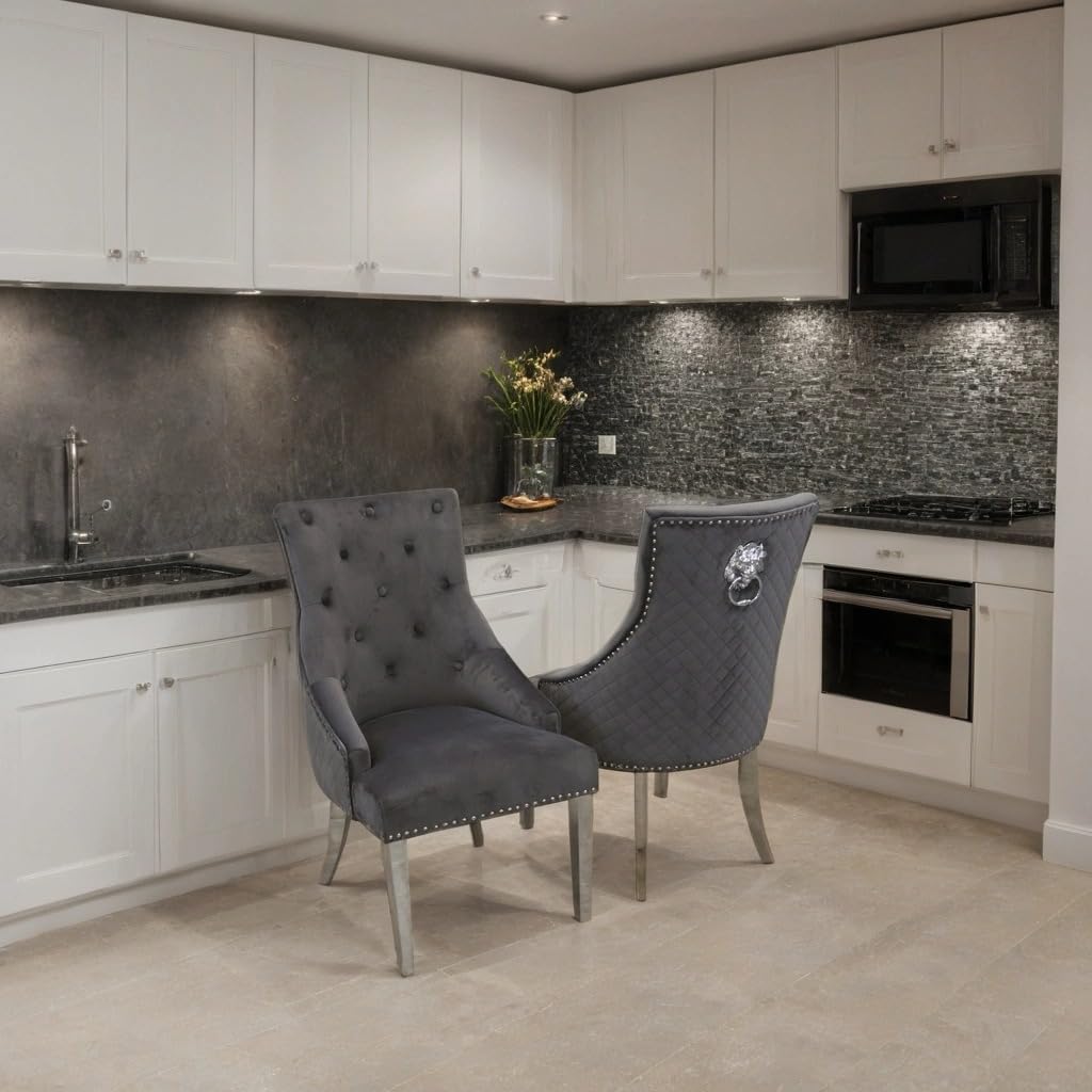 Bentley Velvet Dining Chair set of two with Chrome Lion Knocker – Quilted Back Upholstered Dining Room Chair with Studded Detailing & Chrome Legs (Black)