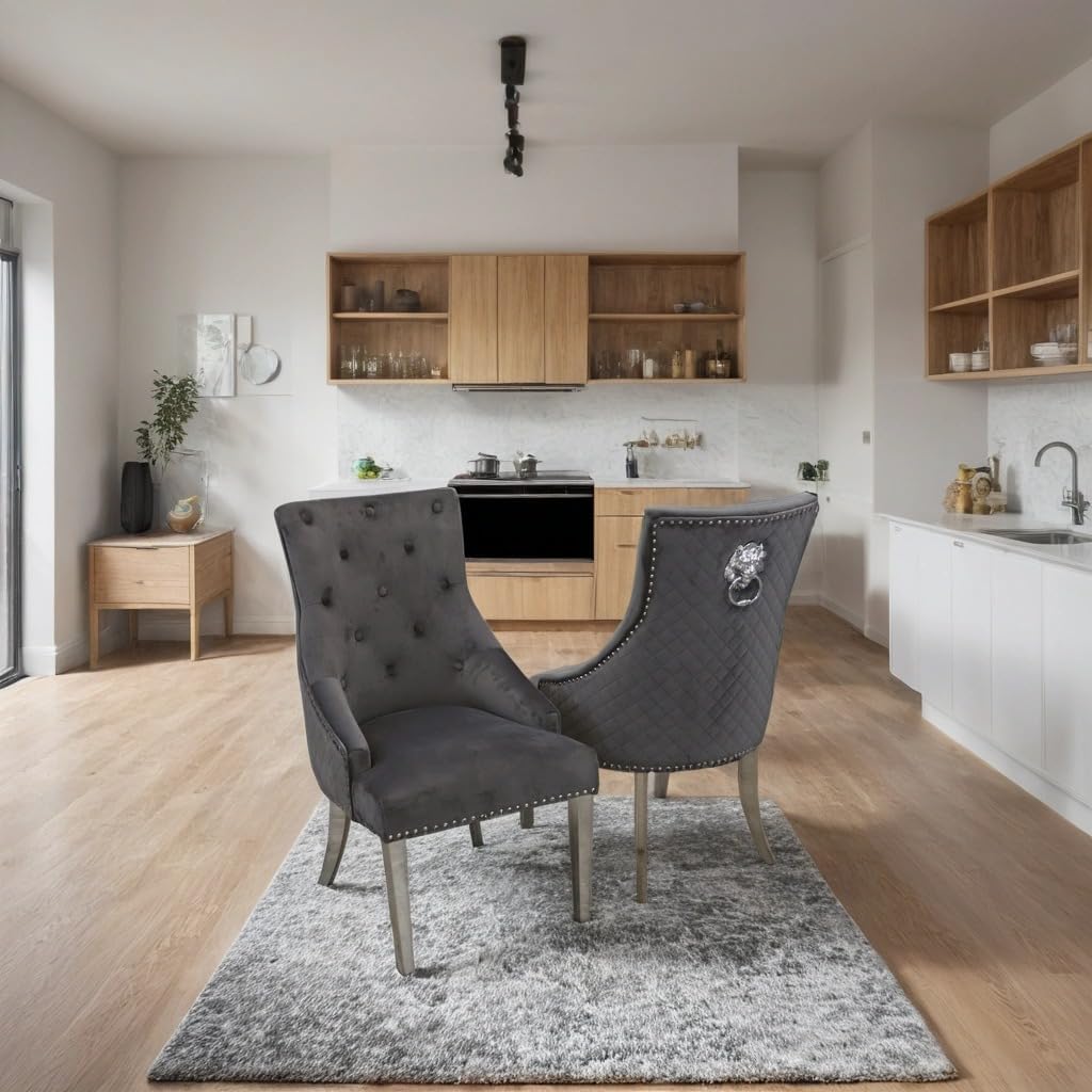 Bentley Velvet Dining Chair set of two with Chrome Lion Knocker – Quilted Back Upholstered Dining Room Chair with Studded Detailing & Chrome Legs (Black)