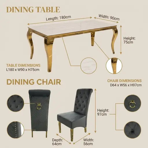 Luvon Emma Cream Marble Dining Table with Gold Frame & Grey Velvet Ring Knocker Chairs
