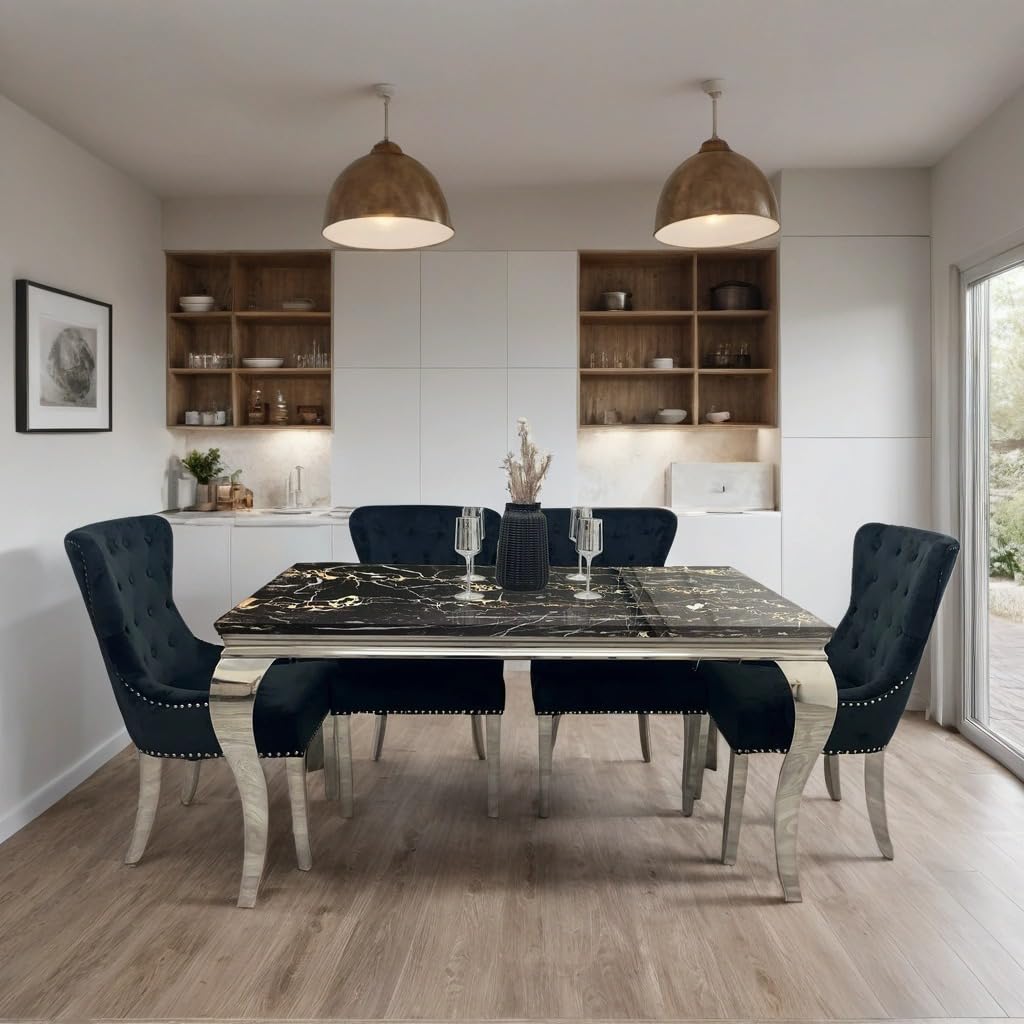 Louis Marble Dining Table – Modern Rectangular & Round Dining Room Table with Stainless Steel Base – Luxury Marble Top Dining Table for 4–6 People