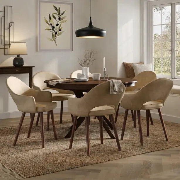 Walnut Extendable Dining Set with 4and 6 Beige Chairs in faux leather
