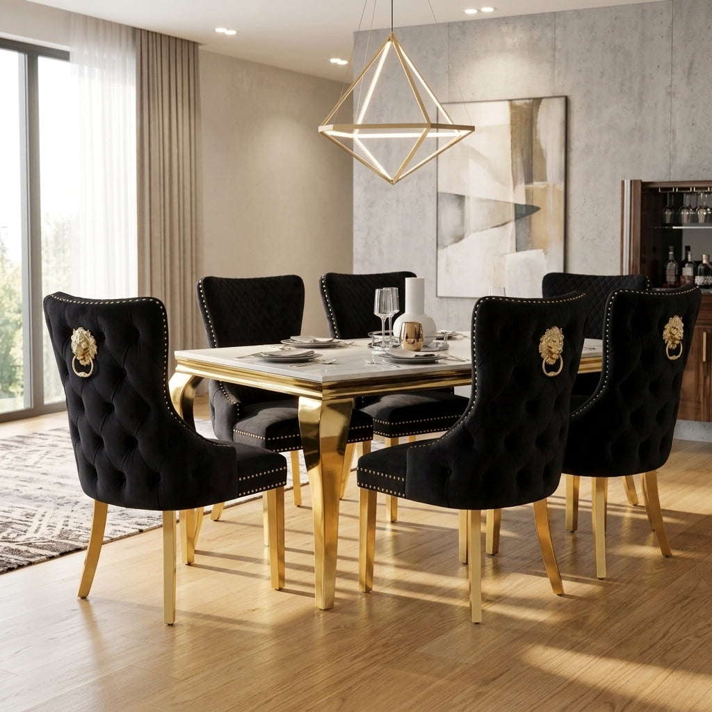 Luvon Milan Cream Marble Dining Table with Gold Frame & Lion Knocker Velvet Chairs