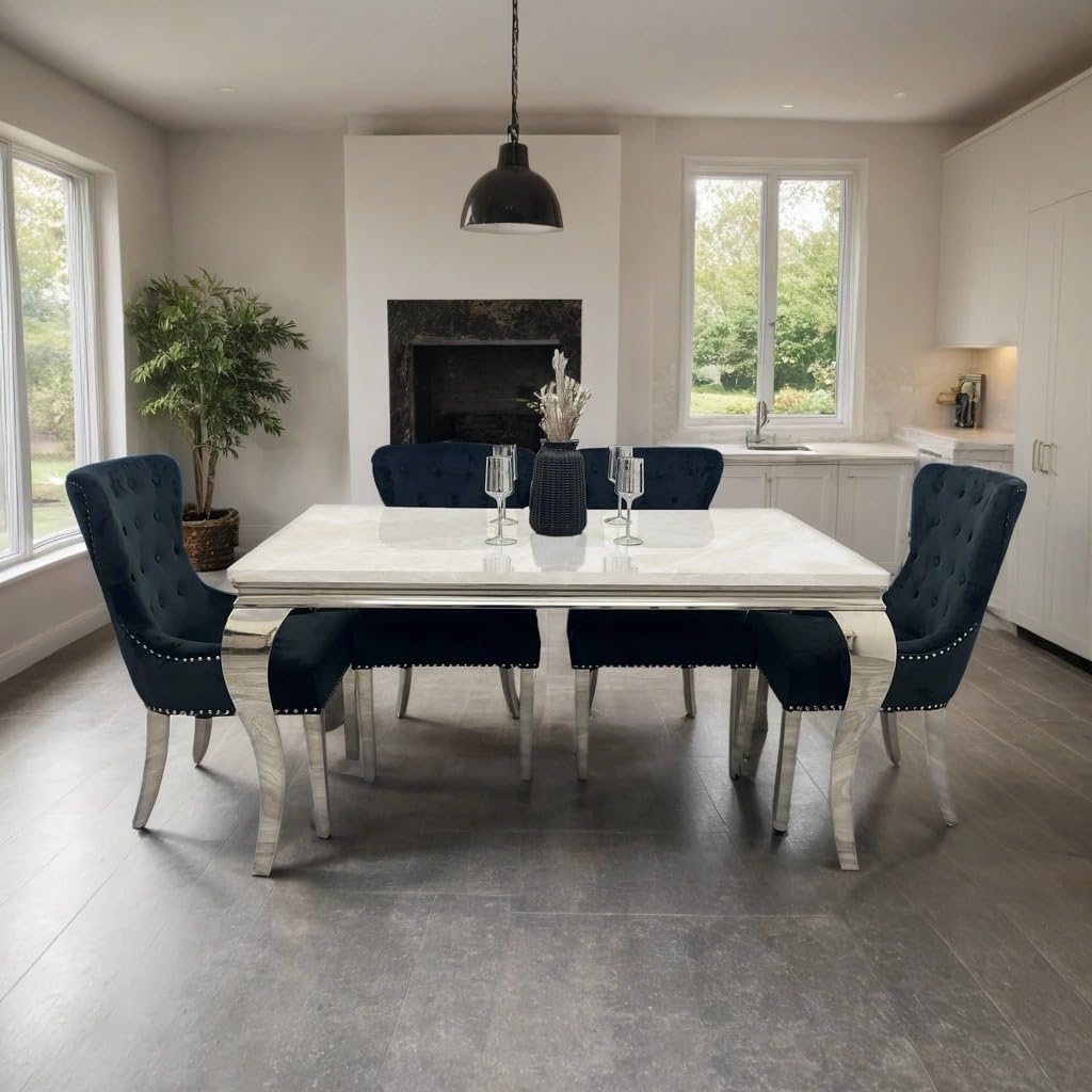 Louis Marble Dining Table – Modern Rectangular & Round Dining Room Table with Stainless Steel Base – Luxury Marble Top Dining Table for 4–6 People