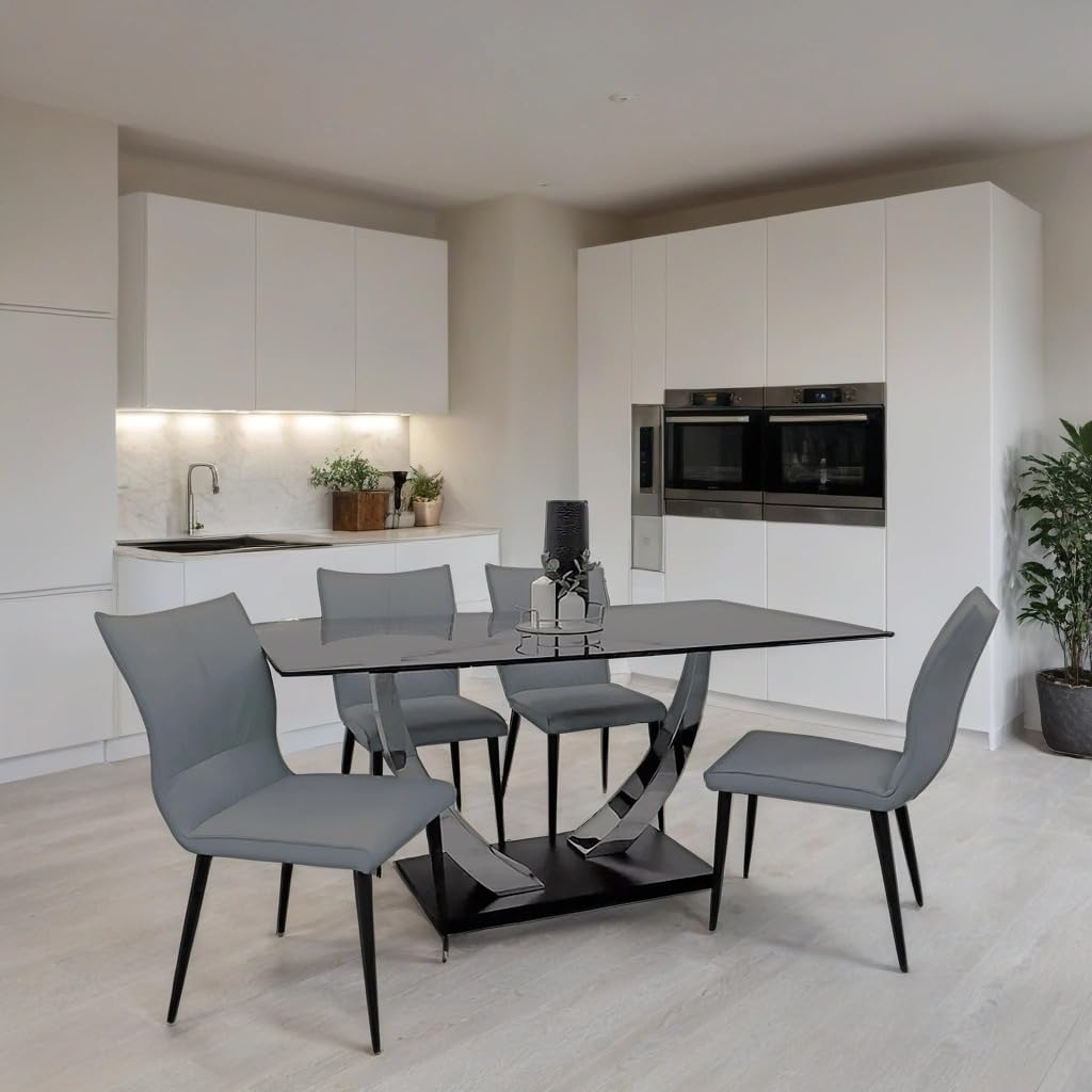 1.6m Dining Table and Chairs Set for 4 – Chrome Sintered Stone Table with 4 Flora Ruched Dining Chairs in Grey or Tan