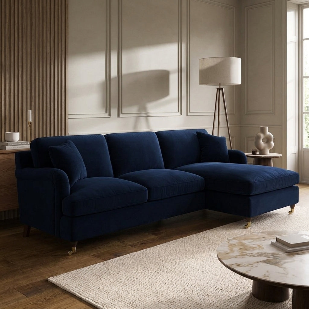 4 Seater Navy Blue Velvet Corner Sofa Bed