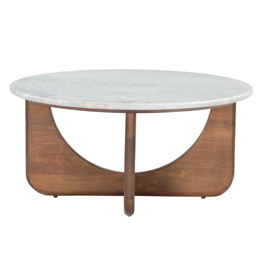 Round White Marble Coffee Table – Solid Mango Wood Base – Mid Century Modern Living Room Table – No Assembly Required