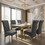 Luvon Emma Cream Marble Dining Table with Gold Frame & Grey Velvet Ring Knocker Chairs