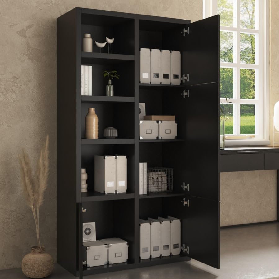 Larsen Tall Black Office Storage Cabinet – Wooden Filing Cupboard with Doors and Shelves – Industrial Home Office Furniture