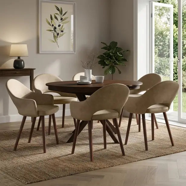 A 7-piece dining set featuring a round dark wood table and six upholstered chairs in beige velvet, styled in a bright, modern dining room.