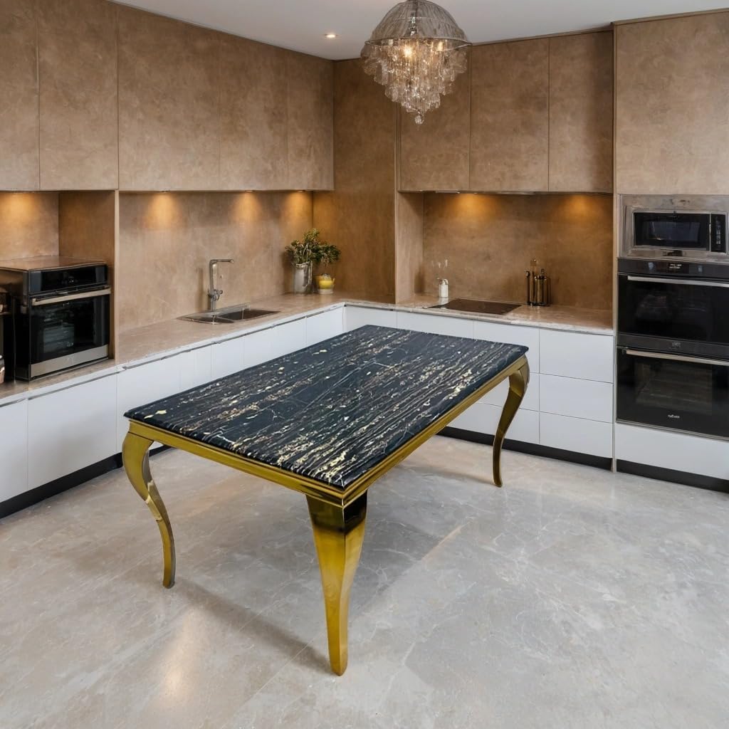 1.8m Marble Top Dining Table with 4 Velvet Lion Knocker Chairs – Black & Gold – Modern 4 Seater Dining Set Furniture