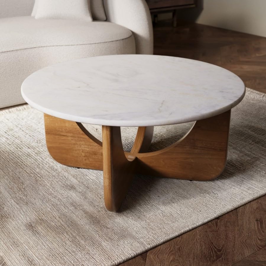 Round White Marble Coffee Table – Solid Mango Wood Base – Mid Century Modern Living Room Table – No Assembly Required