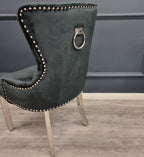 Megan Velvet Dining Chairs Set of 2 – Deep Buttoned Back with Chrome Ring Knocker – Upholstered Dining Room Chairs