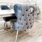 Chelsea Dining Chair Set of 2 Grey Velvet with Chrome Lion Knocker – Buttoned Back Upholstered Dining Chairs for Dining Room – Luxury Velvet Chairs with Chrome Legs