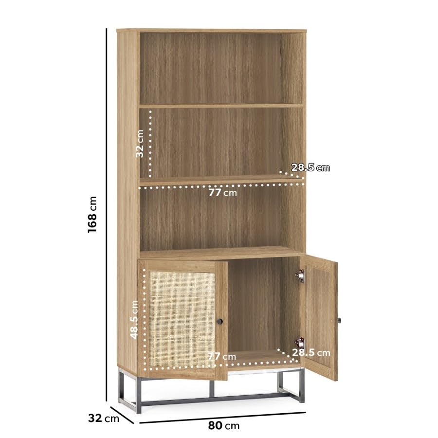 Padstow Tall Oak Bookcase with Rattan Doors – Rustic Display Unit with 3 Shelves & 2 Cupboards – Brown Wood & Black Metal Legs