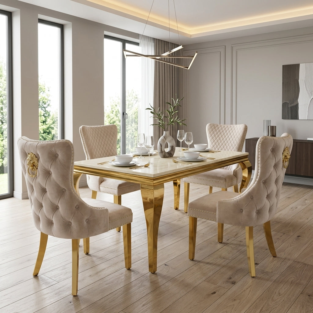 Luvon Milan Cream Marble Dining Table with Gold Frame & Lion Knocker Velvet Chairs