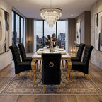 Luvon Emma Cream Marble Dining Table with Golden Frame & Black Velvet Ring Knocker Chairs