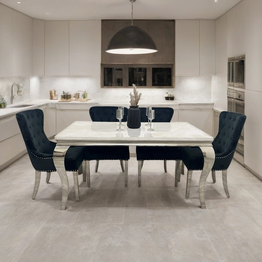 Louis Marble Dining Table – Modern Rectangular & Round Dining Room Table with Stainless Steel Base – Luxury Marble Top Dining Table for 4–6 People