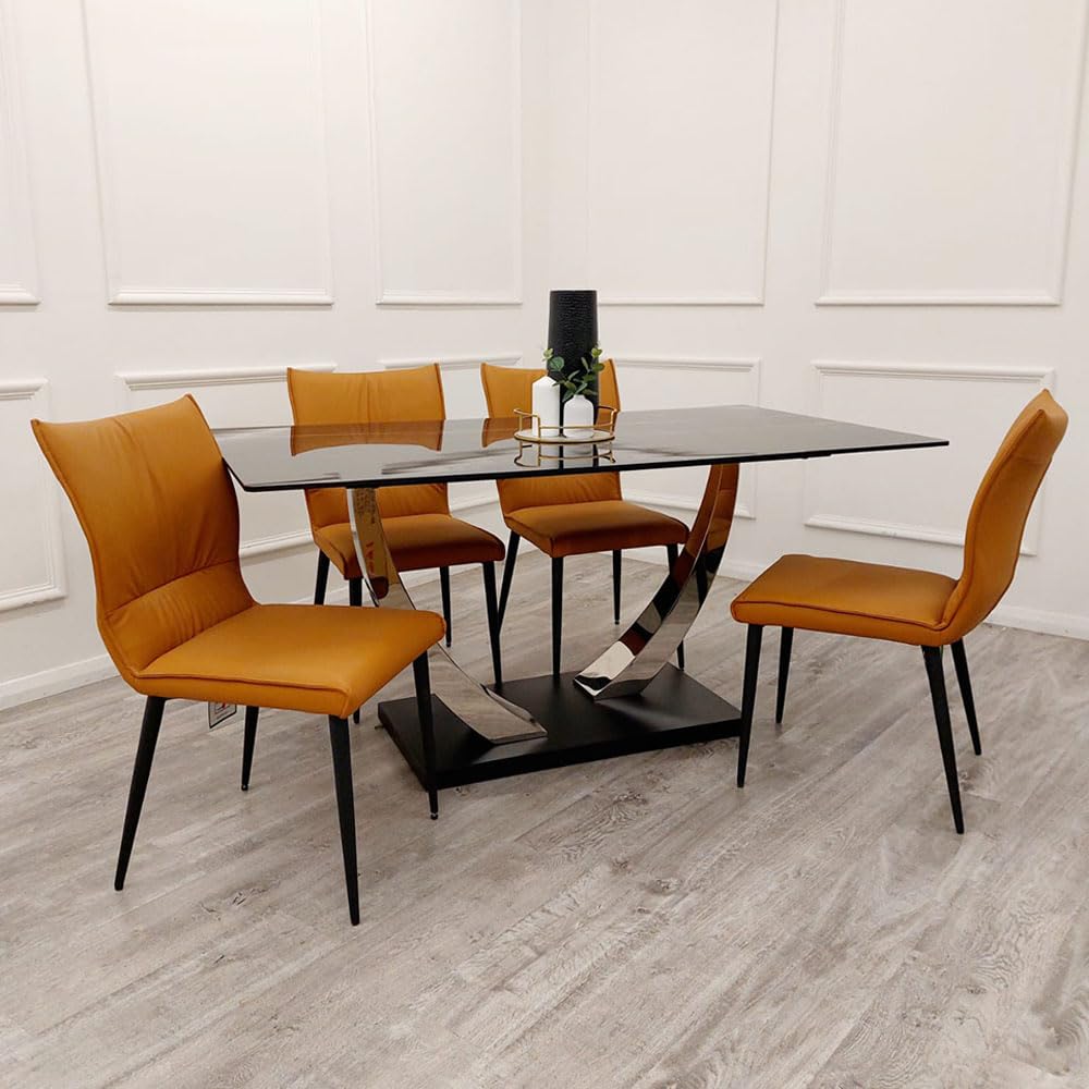 1.6m Dining Table and Chairs Set for 4 – Chrome Sintered Stone Table with 4 Flora Ruched Dining Chairs in Grey or Tan