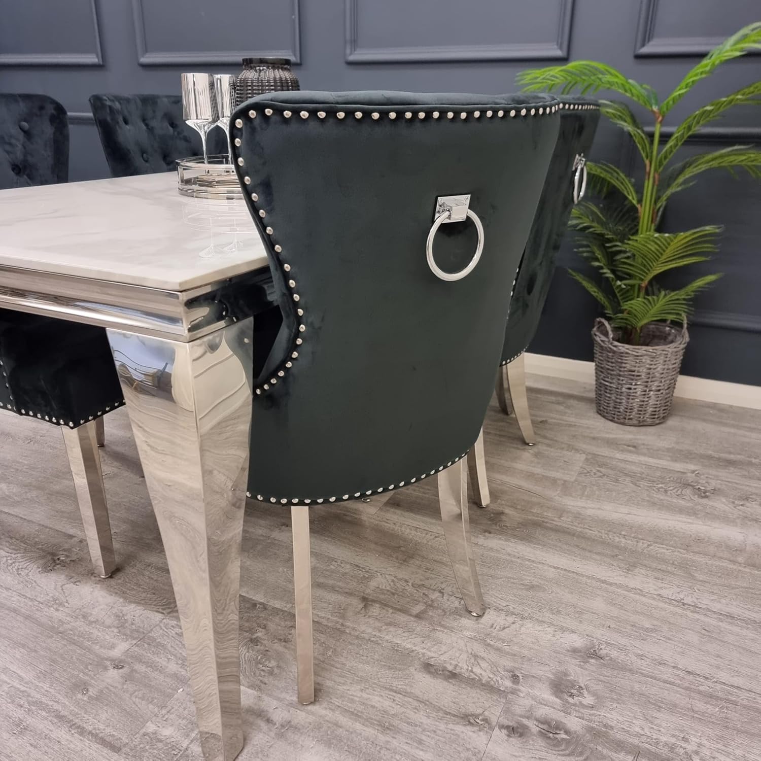 Megan Velvet Dining Chairs Set of 2 – Deep Buttoned Back with Chrome Ring Knocker – Upholstered Dining Room Chairs