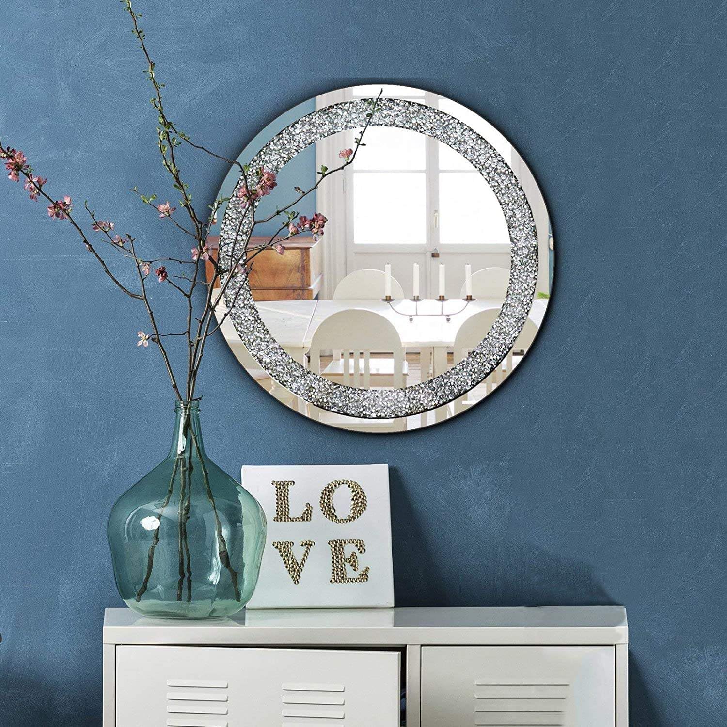 Round Decorative Mirror 80cm Wall Mirror with Crushed Glass Border Modern Circular Accent for Living Room, Bedroom & Hallway