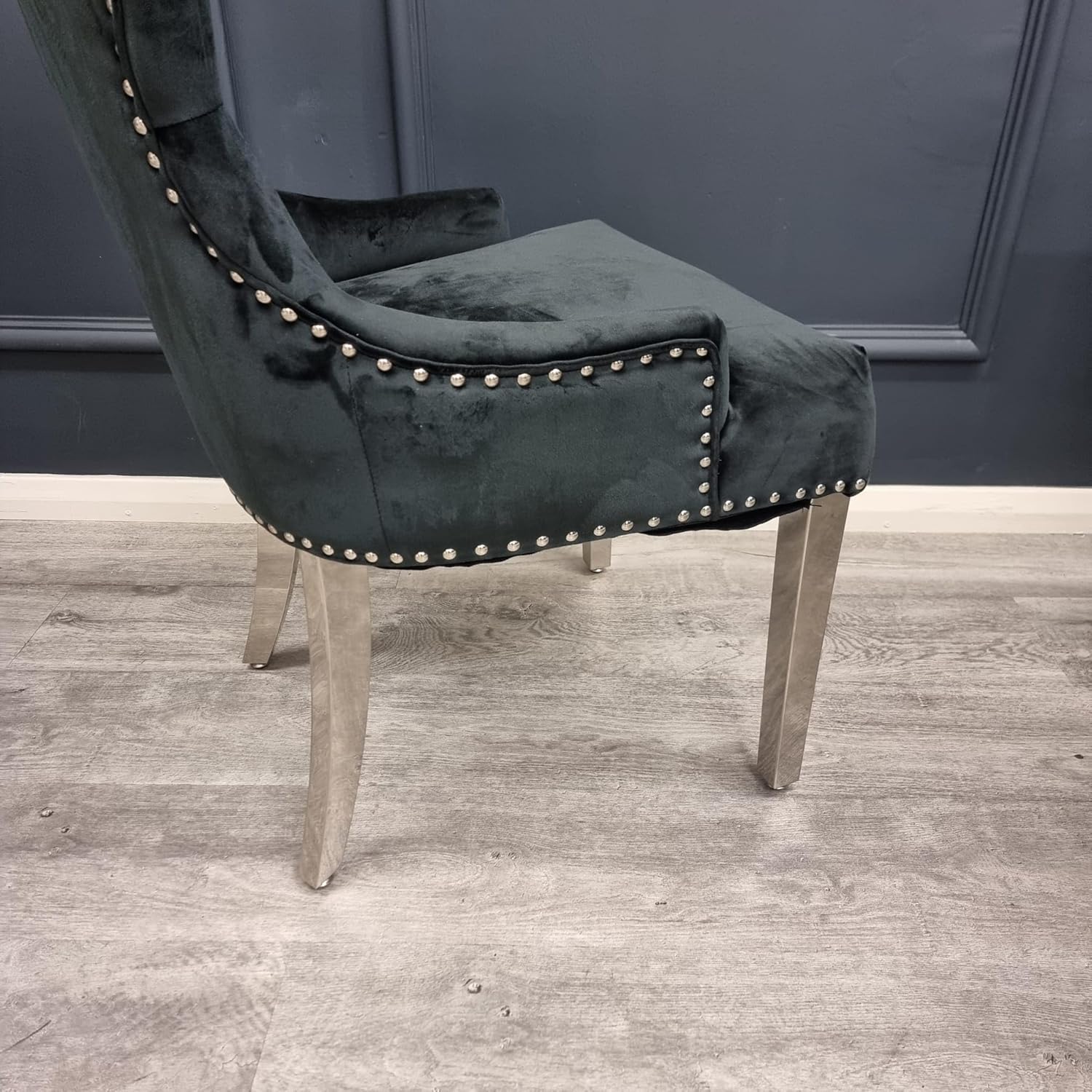 Megan Velvet Dining Chairs Set of 2 – Deep Buttoned Back with Chrome Ring Knocker – Upholstered Dining Room Chairs